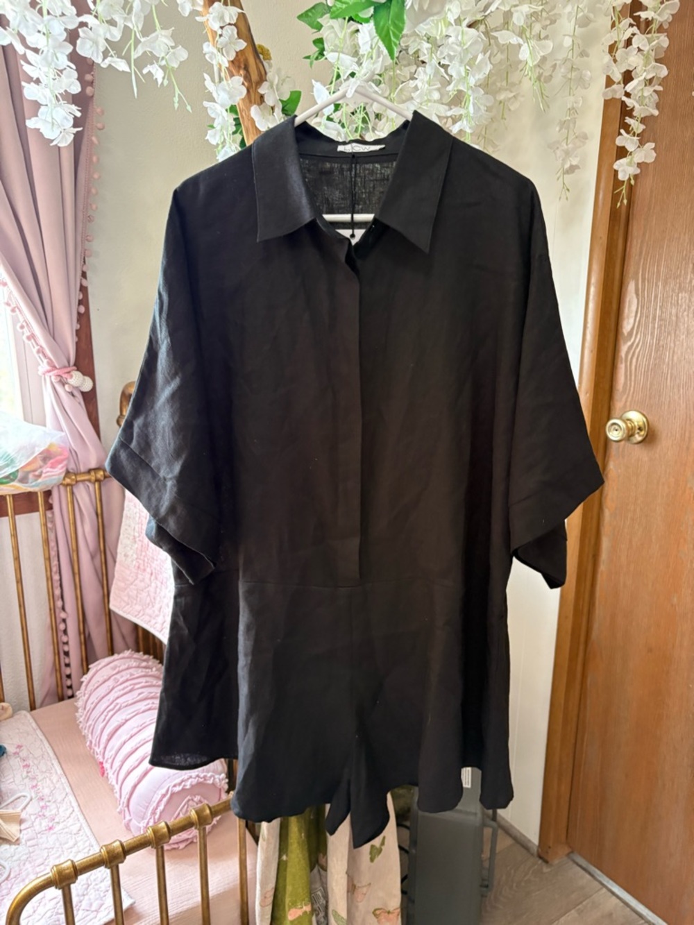 By CW Classic Black Short-Sleeve Collared Romper 100% Linen